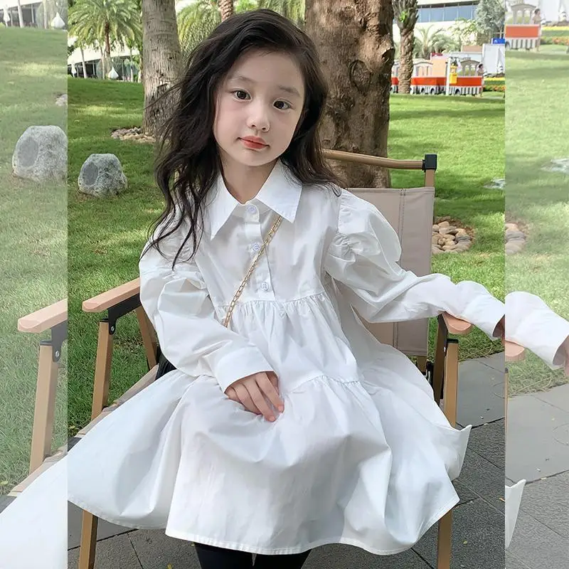 Girl Dress White Dress Spring 2024 New Cotton Solid Full Fashion Shirt Turn Down Collar Midi Dress Princess