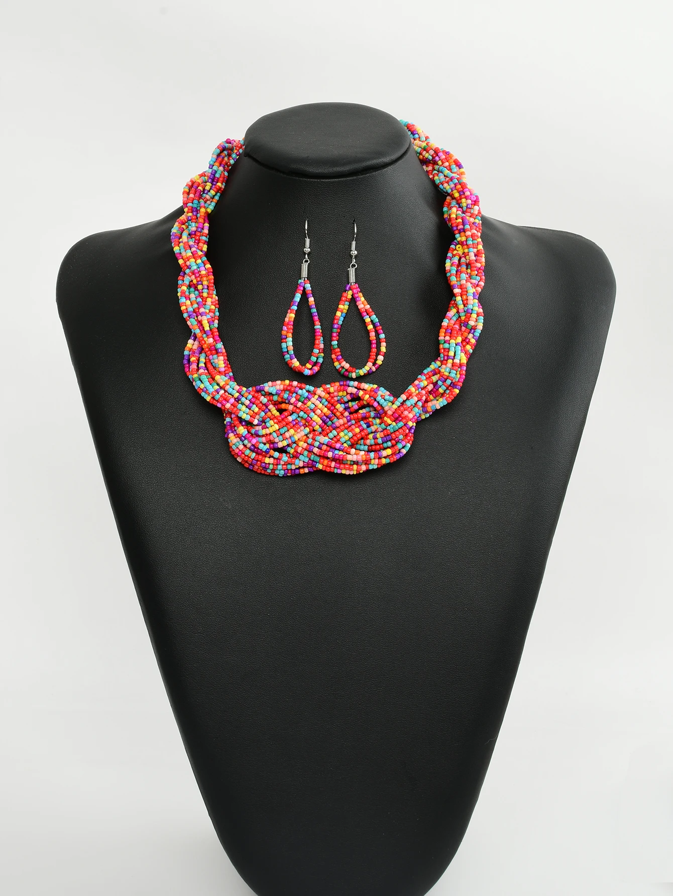 3-piece set of European and American fashion colorful multi-layer rice bead handmade woven necklace earrings set Bohemian style