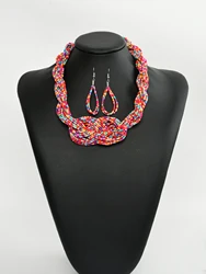 3-piece set of European and American fashion colorful multi-layer rice bead handmade woven necklace earrings set Bohemian style