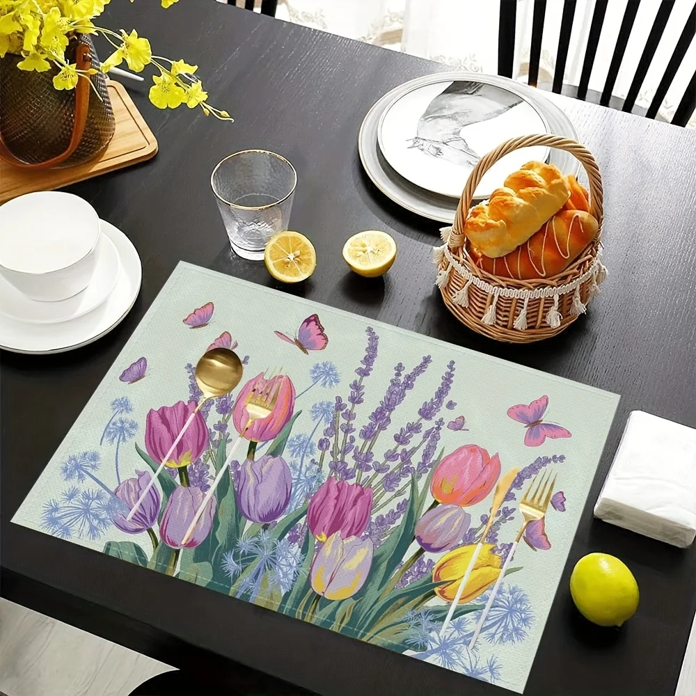 2D Flat Print Placemats Place Mats with Retro Floral Butterfly Design Table Mats for Dining Table