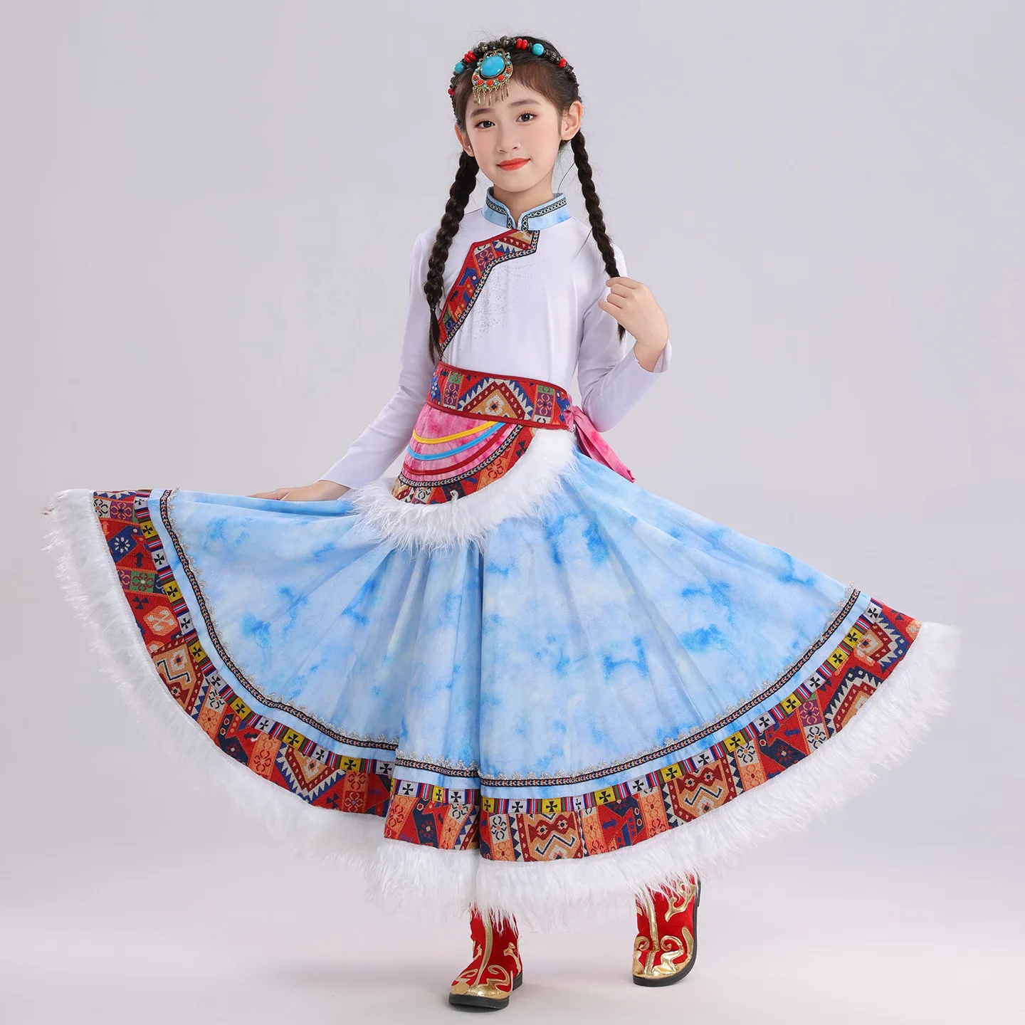 Children's Tibetan Dance Dress Tibetan Girls Traditional Auspicious Reba Dance Dresses Grassland Large Skirt Performance