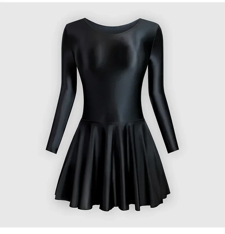 المرأة طويلة الأكمام ضيق مطاطا لامعة حريري فستان رقص اليوغا الصلبة على شكل ممارسة تنورة الجمباز يوتار ملابس السباحة Dancewear