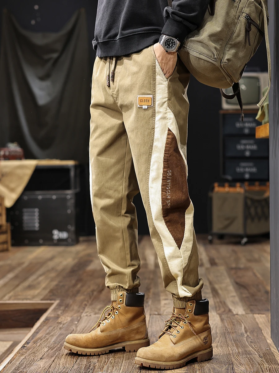 

American Retro Color Blo Men's Thiened Autumn Winter Workwear Trousers Loose Fit Elastic Waist Cotton Polyester