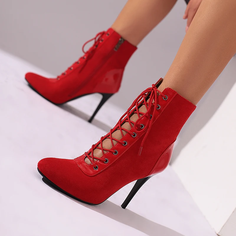 Kcenid Hollow Designer Fashion Cross-tied Round Toe Women Ankle Boots Sexy Thin Heels Lace-up Party Autumn Winter Female Shoes