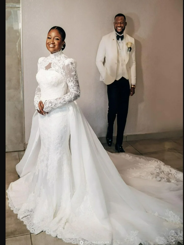 Customized High Neck African Lace Applique Vintage Garden Mermaid Wedding Dress  Long Sleeves Bridal Gowns with Removable Skirt