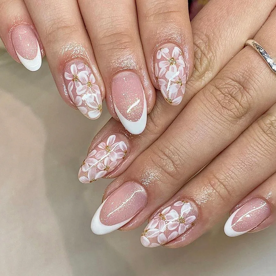 24Pcs Short Almond False Nails Press on Simple Pink French Flower Design Fake Nails Shiny Powder Reusable Full Cover Nails Tips