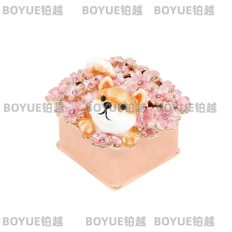 Sakura Shiba Inu Earrings Enamel Jewelry Box Proposal Ring Set High End Gift for Her Cute Dog Studs Romantic Anniversary
