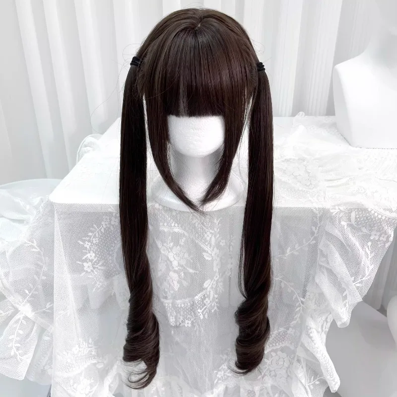 Perruque longue queue de cheval pour femme avec frange, brun foncé, cheveux synthétiques résistants à la chaleur pour usage quotidien et cosplay