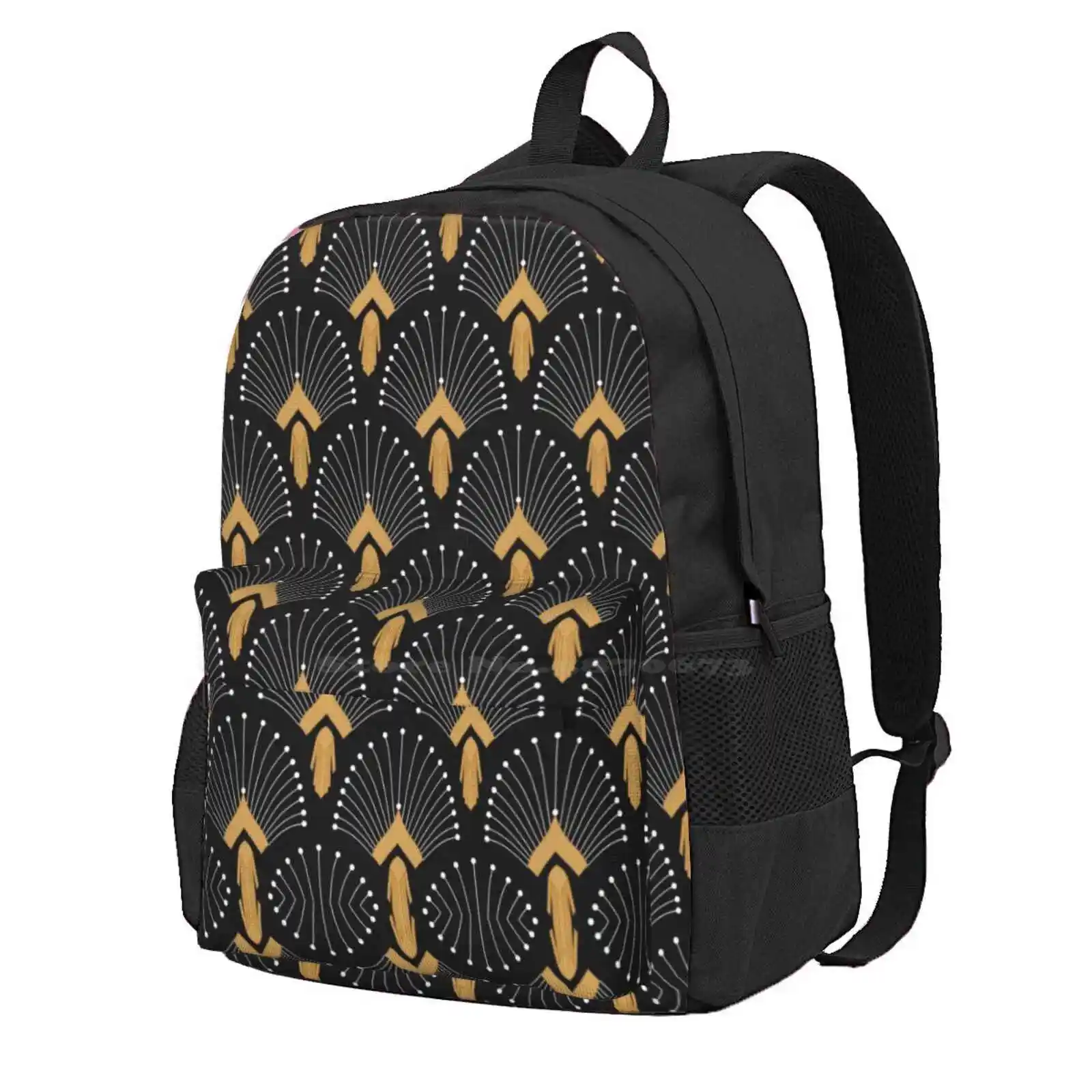 Black, Gold And White Art Deco Fan Flowers Motif Hot Sale Schoolbag Backpack Fashion Bags Art Black Gold White Fan Flowers