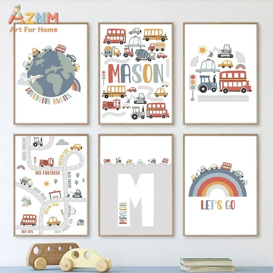 AZNM Cartoon Transport Car Canvas Wall Art Bus Truck Excavator World Map Custom Name Rainbow Boy Adventure Kids Nursery Unframed