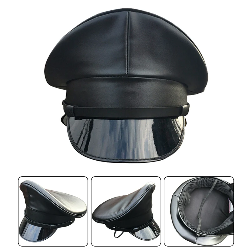 Unisex PU Leather Captain Cap Prom Performance Big Brimmed Black Hat Bar Cosplay Show Hat Personality Cool Beret Cap