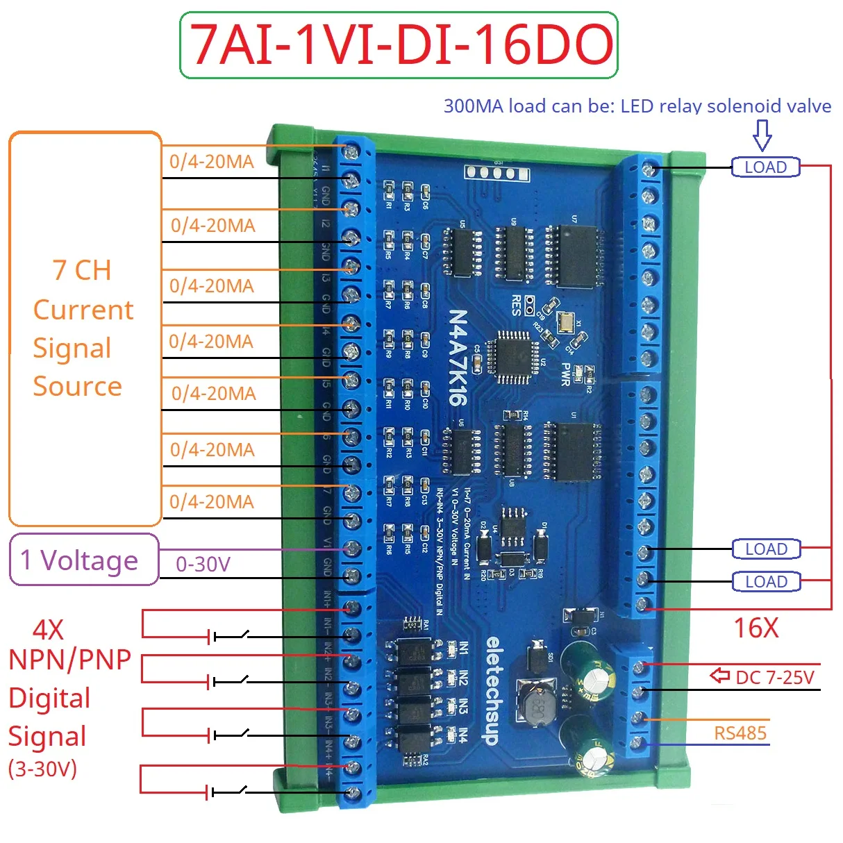 

16DO 4DI 8AI RS485 Modbus RTU Analog Digital 4-20MA 0-10V Current Voltage Collector Module PLC IO Expanding Board