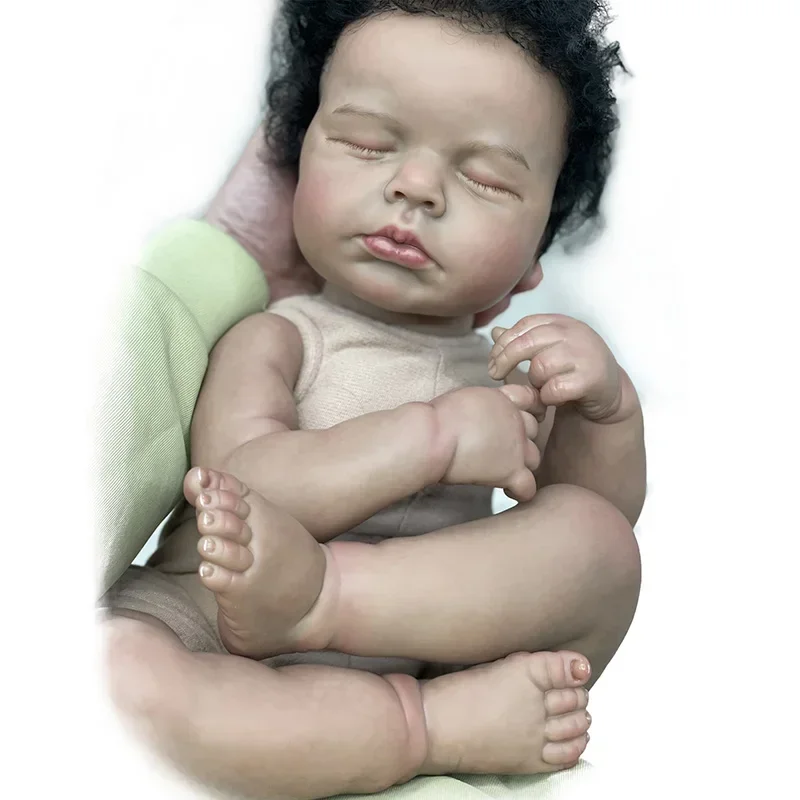 19inch Reborn Baby Doll Asleep Loulou with Black Curly Hair Handmade African American Baby Dolls Muñecas Bebe Reborn Juguetes