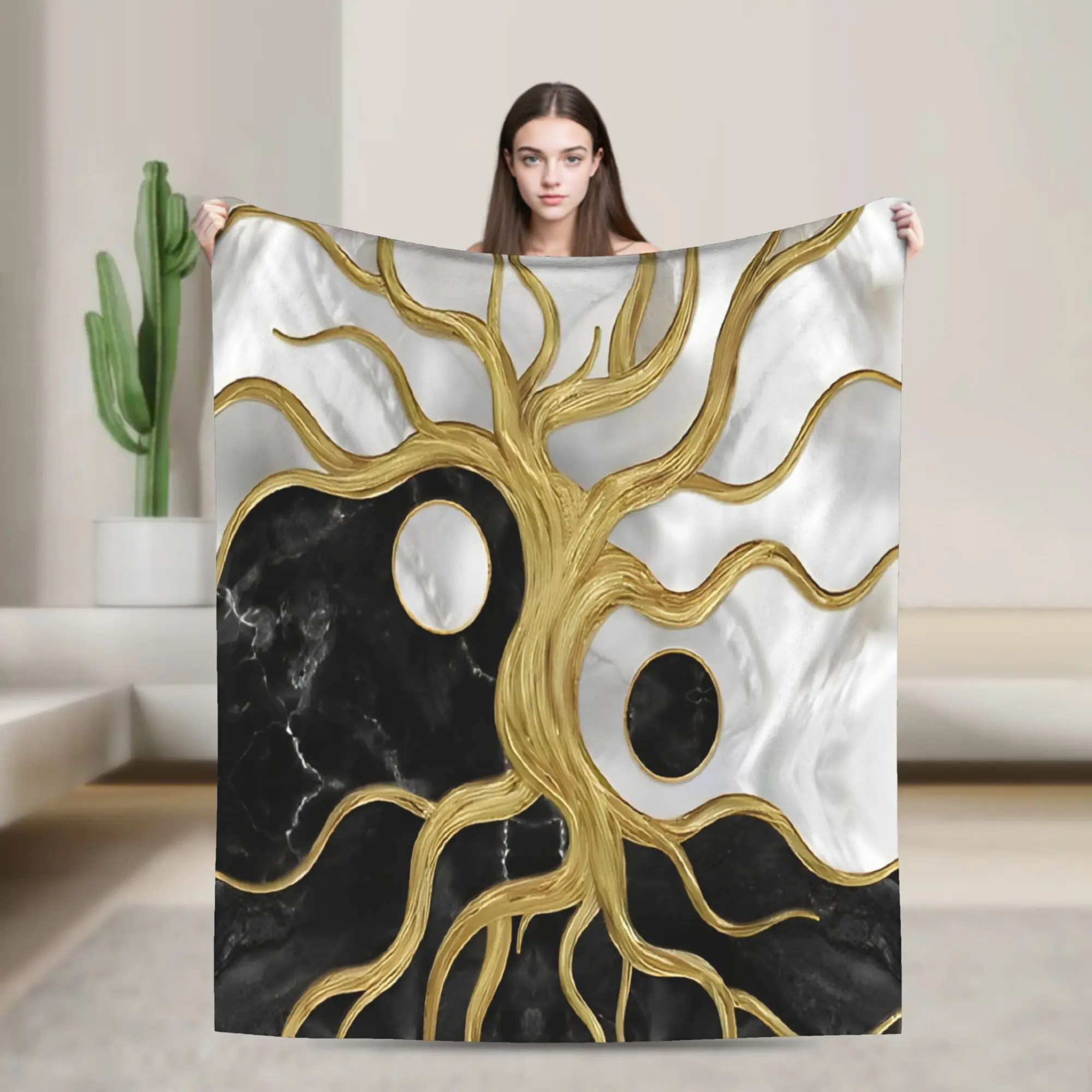 Yin Yang Tree Of Life Marbles And Gold Plush Blankets  Awesome Throw Blankets for Home Hotel Sofa  150*125cm Quilt