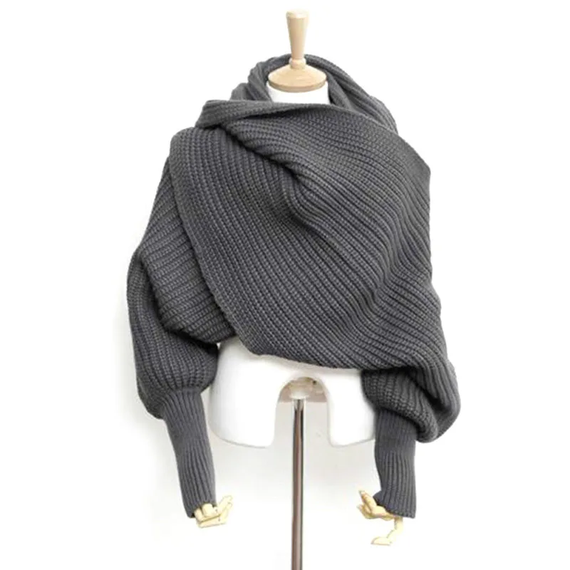 European Style Winter Women Long Scarf with Sleeves Wool Knitted Scarves for Women Thick Warm Casual Shawl High Quality