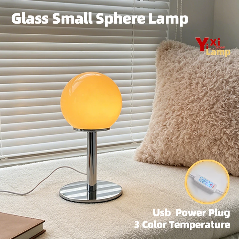 Murano Glass Small Sphere Pole Table Lamp, Cream Ins Bedside Lamp, Decor Light for Bedroom, Guest Room & Boutique Homestay