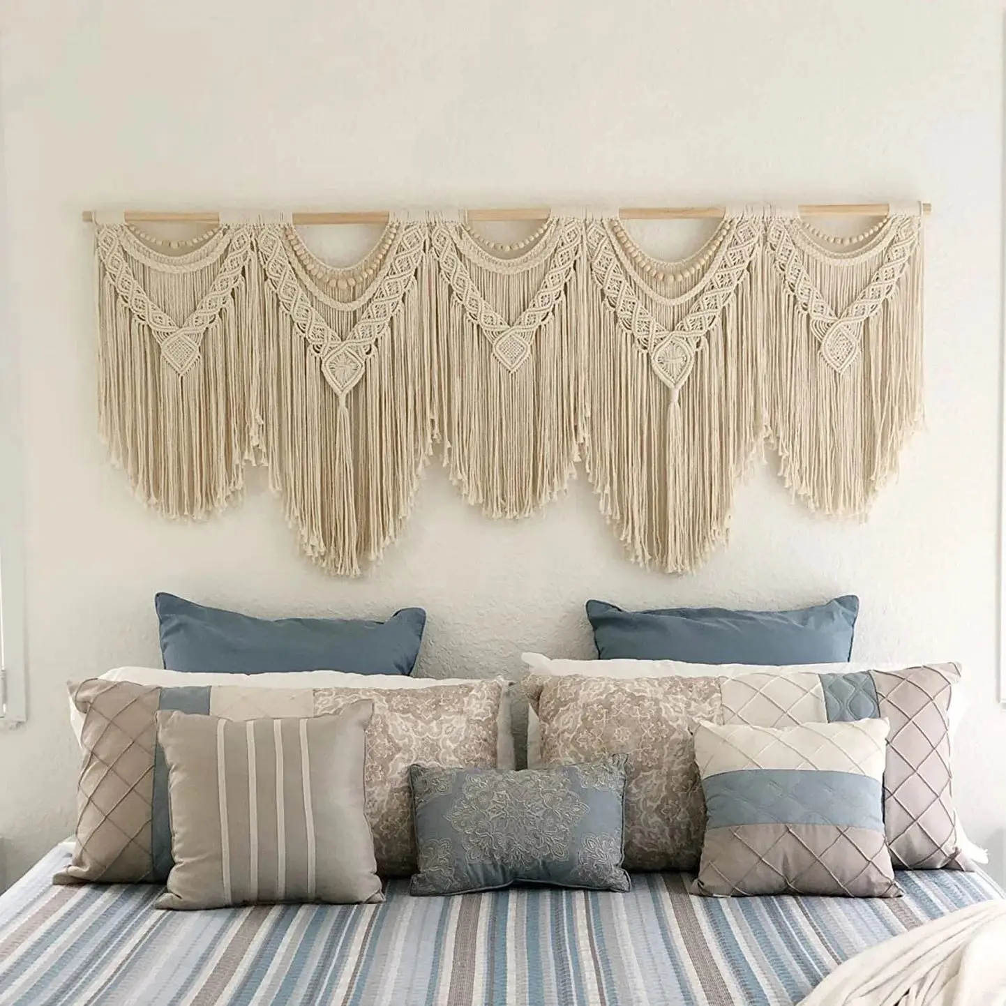 مكرميه شرابة قلادة نسيج مع عصا خشبية الجدار الشنق نسيج اليدوية القطن الحبل مكرميه نسيج ديكور المنزل