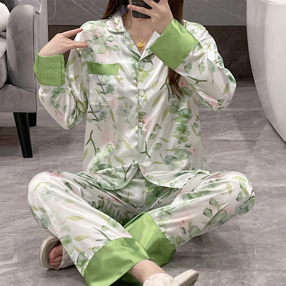 Floral Print Simulated Silk Women Sleepwear 2024 Spring Autumn China Style Ink Painting Classic Pajamas Loose Soft Lady Lounge