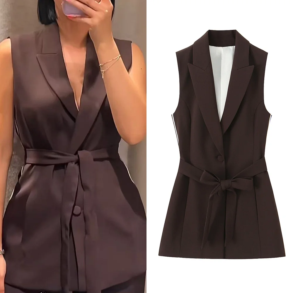 

EDSA Women Long Waistcoat with Belt V-Neck Lapel Collar Single Breasted Covered Button Vest Coat Outerwear