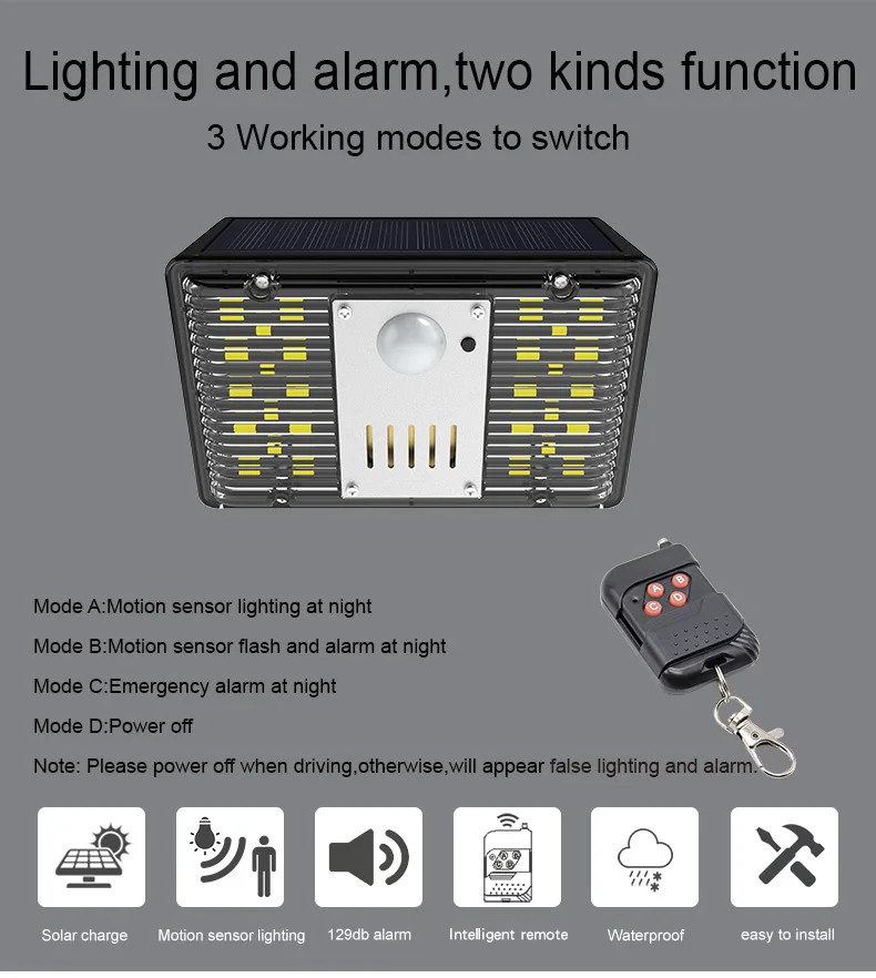 ضوء الجدار الشمسي مع إنذار إنذار الشمسية مع ضوء الفيضانات LED التحكم عن بعد محس حركة وجرس مضاد للسرقة لمزرعة منزل RV