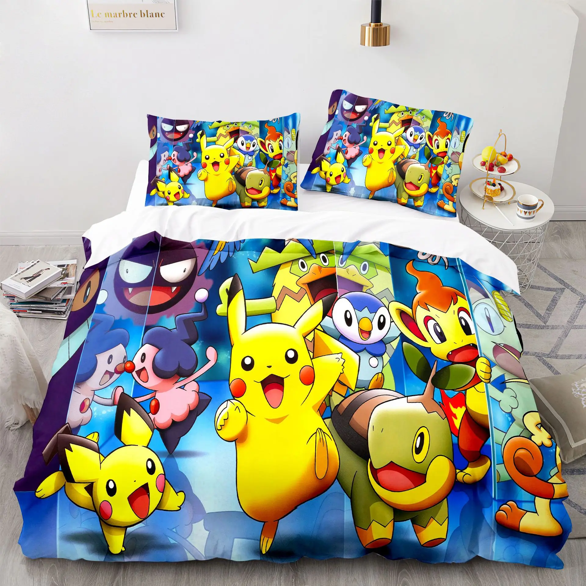 Pikachu sarung kasur, Set seprai Pokemon motif 3D, sarung bantal selimut Anime, untuk anak laki-laki, remaja, dan dewasa