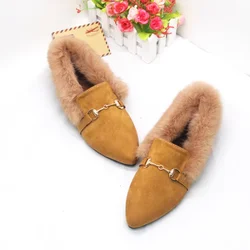 Women Winter Metal Chain Slip-On Grey Yellow Choice Short Plush Shoes For Big And Small Feet 32-45 21cm Warm Cute Fur Chaussure