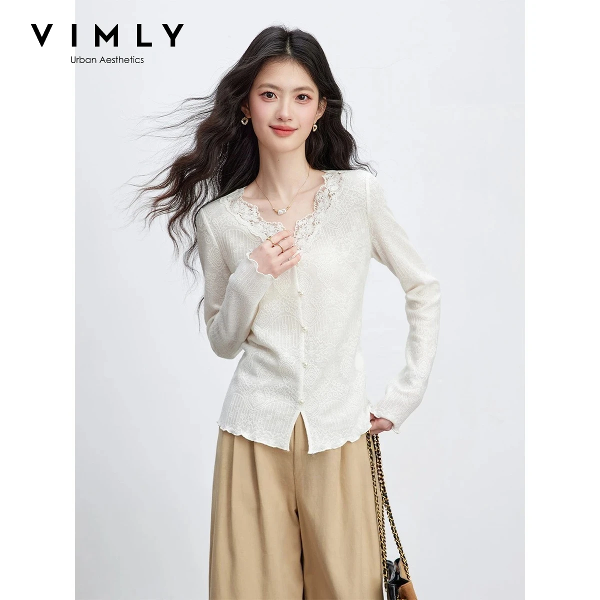 VIMLY Women's Long Sleeve T-shirt 2026 French V-neck Lace Trim Jacquard Textured Patterned Elegant Slim-fit Tops Ladies A3981