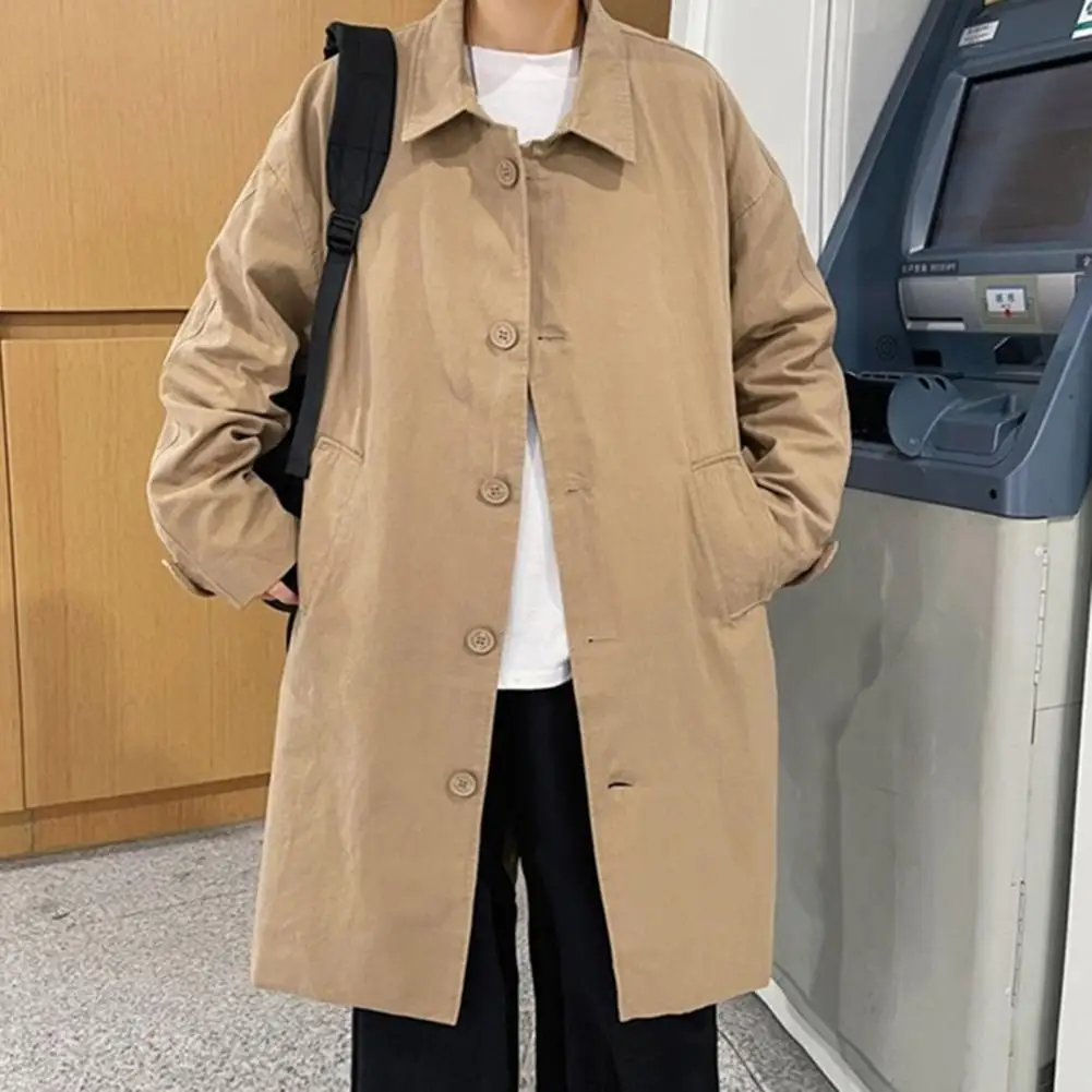 Men Windbreaker Coat Lapel Long Sleeve Buttons Placket Trench Coat with Pockets Solid Color Loose Fit Mid-length Outwear