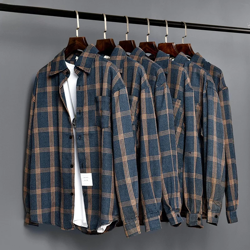 

Rampo Men's Plaid Long Sleeve Shirt Loose Fit Trendy Korean Style Student Couple Outerwear Autumn Season Daily Wear Polyester...