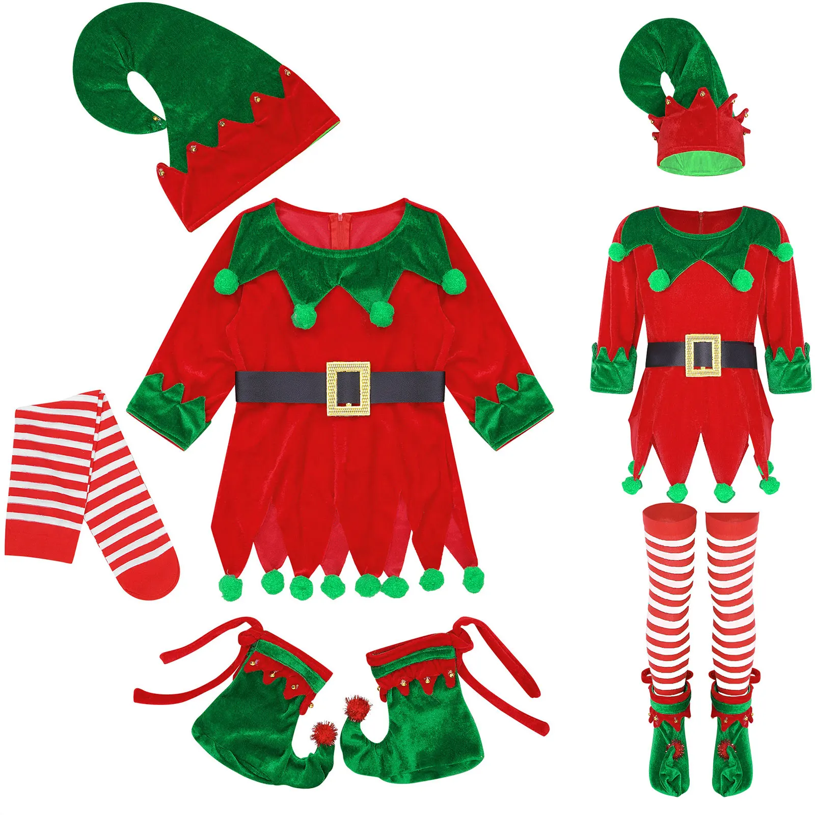 Children Girl Christmas Xmas Clothes Set Baby Elf Dress Up Santa Claus Costume Long Sleeve Dress Elf Hat Striped Stockings Shoes