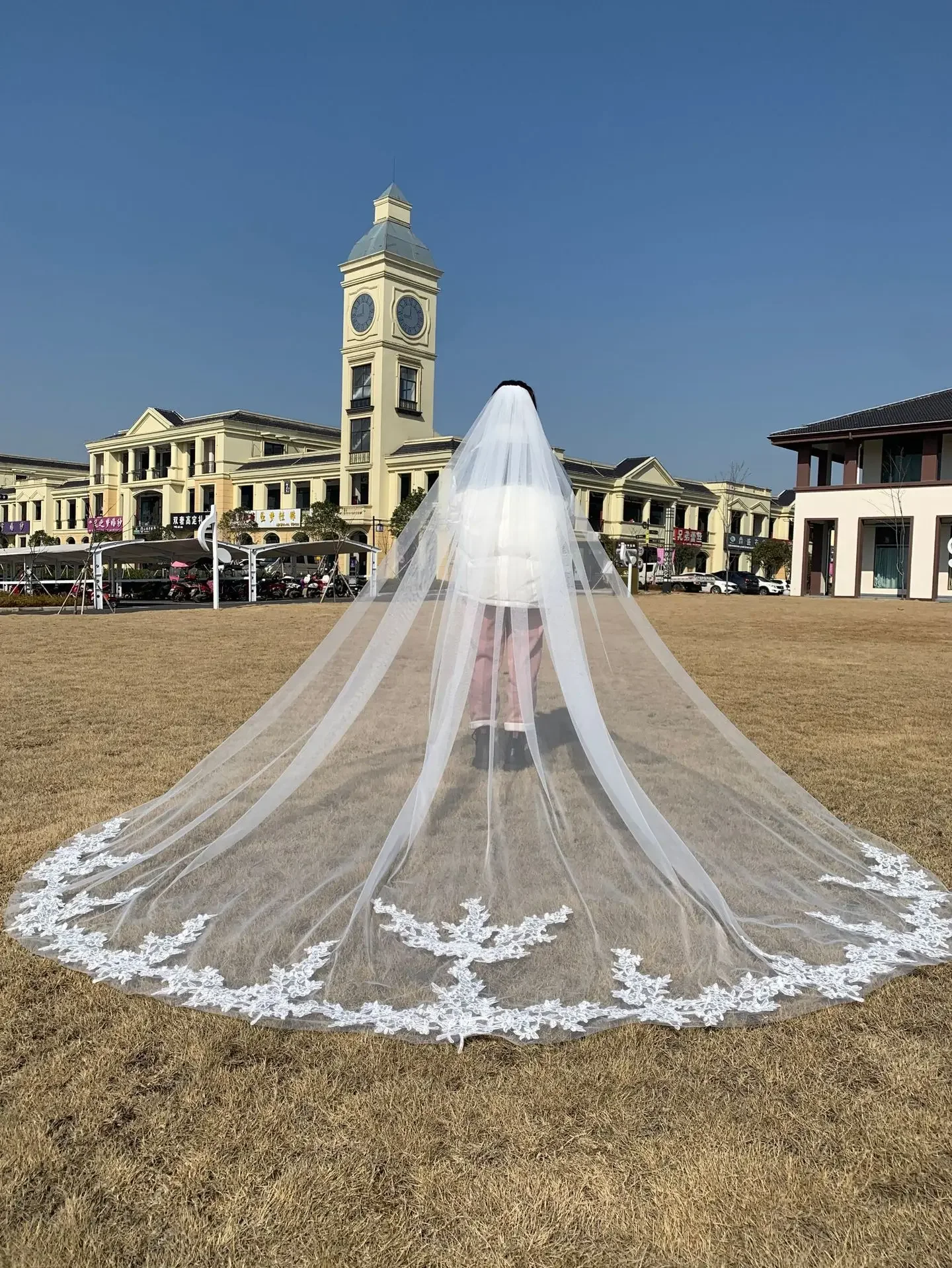 Nuevo Real Shot 3 M de ancho vestido de novia velo Metal peine para el cabello blanco flores tridimensionales velo de novia