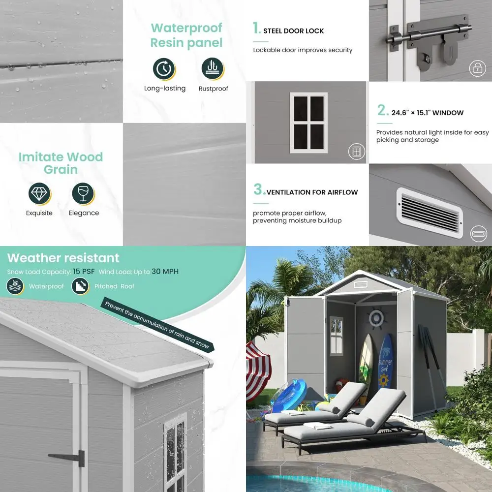 

Пластиковый навес для хранения на открытом воздухе размером 6x4,5 футов с запираемой дверью для сада, велосипедов и инструментов серого и белого цвета