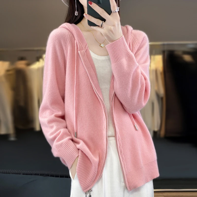 

100% Cashmere Sweater Women's Hooded cardigan Fashion Loose Casual Cashmere Sweater Women's Thickened Top Coat Korean Version