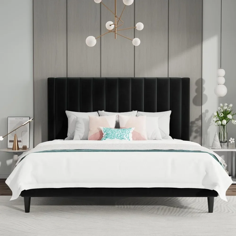 Queen bed frame/velvet upholstered platform bed frame with headboard/mattress foundation/no spring mattress