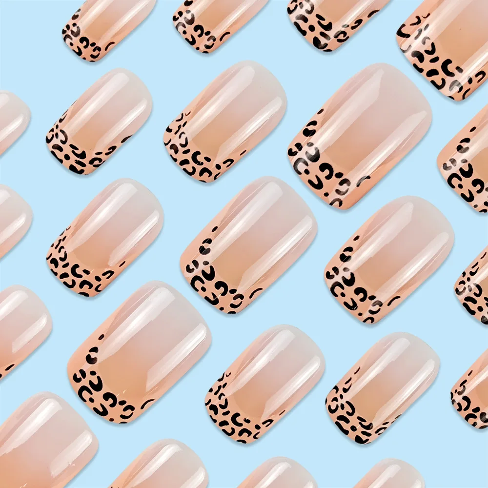 24 Stück einfache Press-Ons-Nägel, französischer Leopardenmuster, selbstklebende Nagelspitzen, mittelgroß, günstige künstliche Nägel mit Werkzeugen, geklebte Nägel 2025