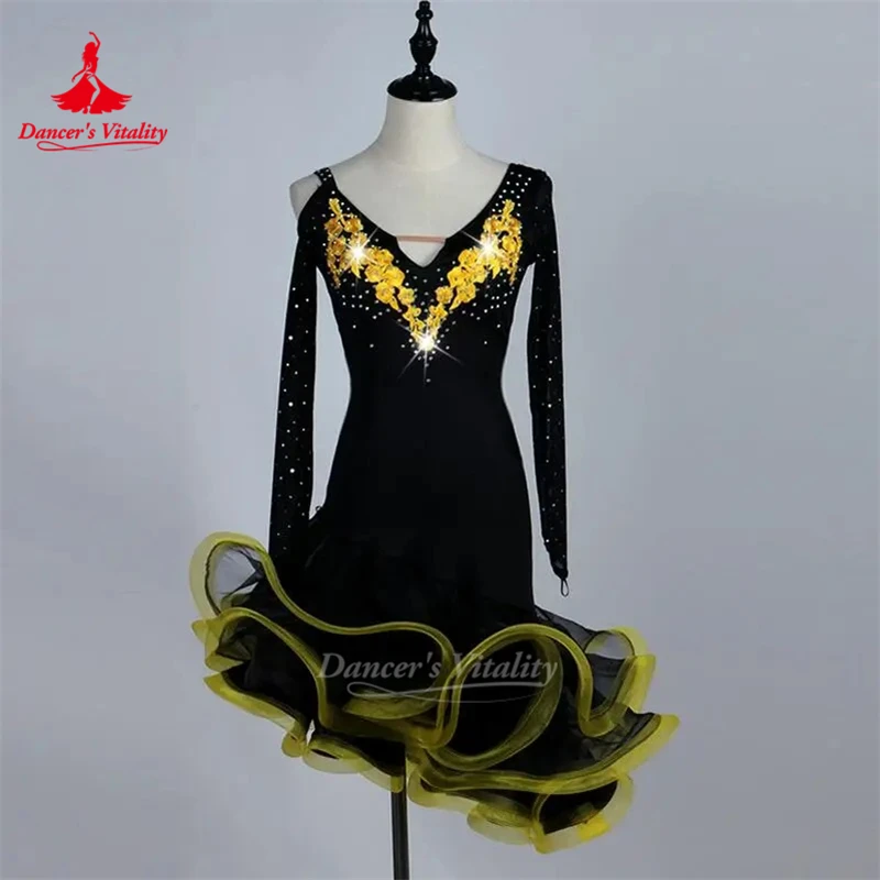 Sexy dress latin dance clothes for women latin dance Embroidery long sleeves dress girls latin dance dress Cha-cha dance dress