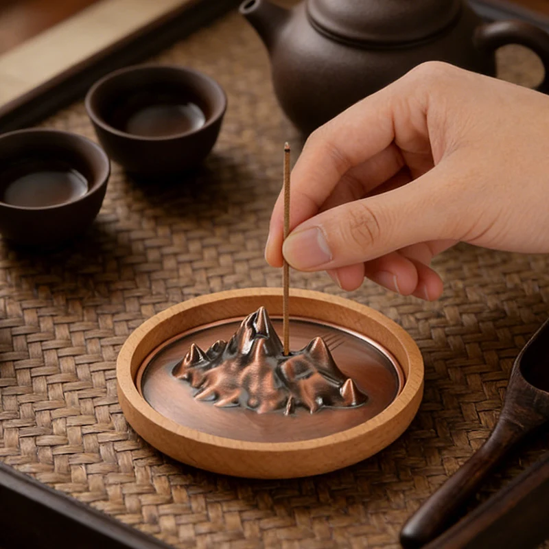 Vintage Mountain Incense Holder for Sticks Solid Wood Base Antique Incense Burner with Ash Catcher for Home Yoga Meditation