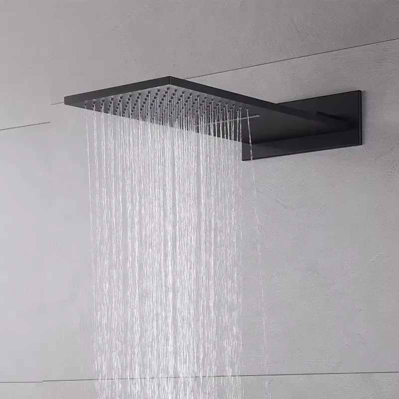 Black Wall Mount Thermostatic Mixer Bathroom Shower Faucet Set Rain Waterfall Mist Shower System with Jets