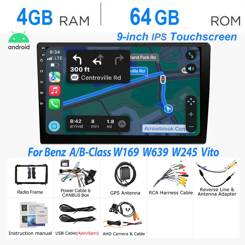Autoradio ESSGOO Android 15 9 Inch 4+64G voor Mercedes Benz W169 W245 B200 W906 Sprinter W639 Vito met Draadloze CarPlay Android Auto GPS Navigatie Wifi RDS FM Bluetooth Stuurwielbediening Mirror Link