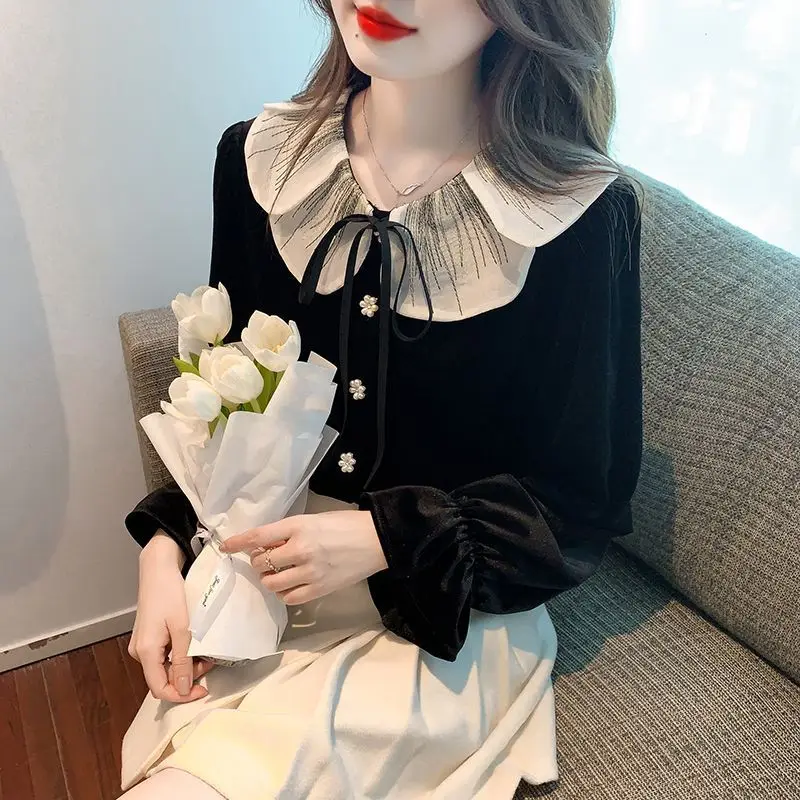 Fashion Spliced Beading Lace Up Princess Sleeve Shirts Female Clothing 2023 Autumn New Korean Tops Peter Pan Collar Blouses