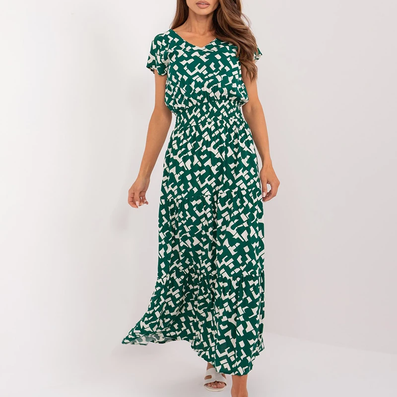 New Floral Print High Waist Women's Dress Elegant V-neck Short Sleeved Summer Dress Casual Pleated Bohemian Long Dress Vestidos