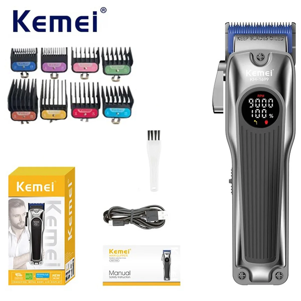 Kemei Professional Barber Hair Clippers Cordless Electric Hair Trimmer Rechargeable Fade Hair Cutting Machine for Men 9000RPM