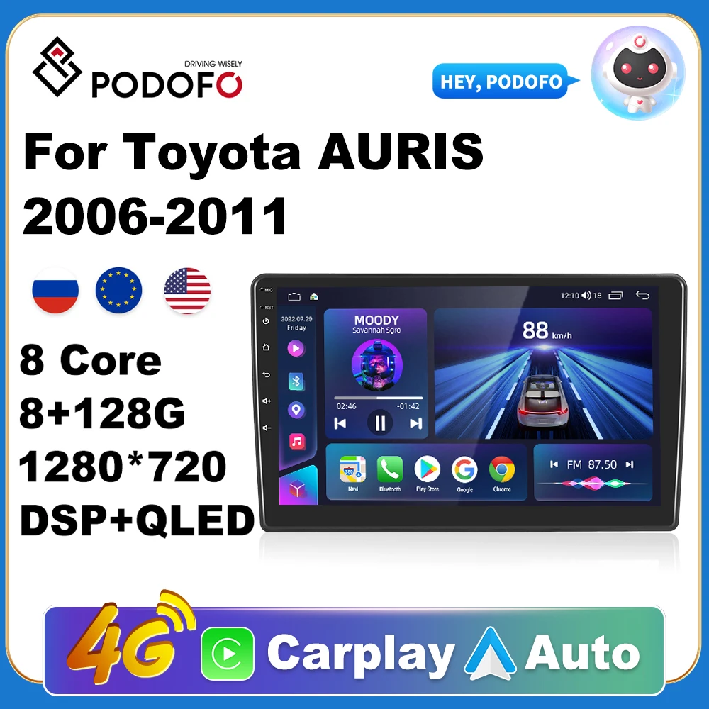 

Podofo Car Android CarPlay Radio Multimedia Player For Toyota AURIS 2006-2011 2 Din Autoradio Video AI Voice GPS Navi 4G WiFi