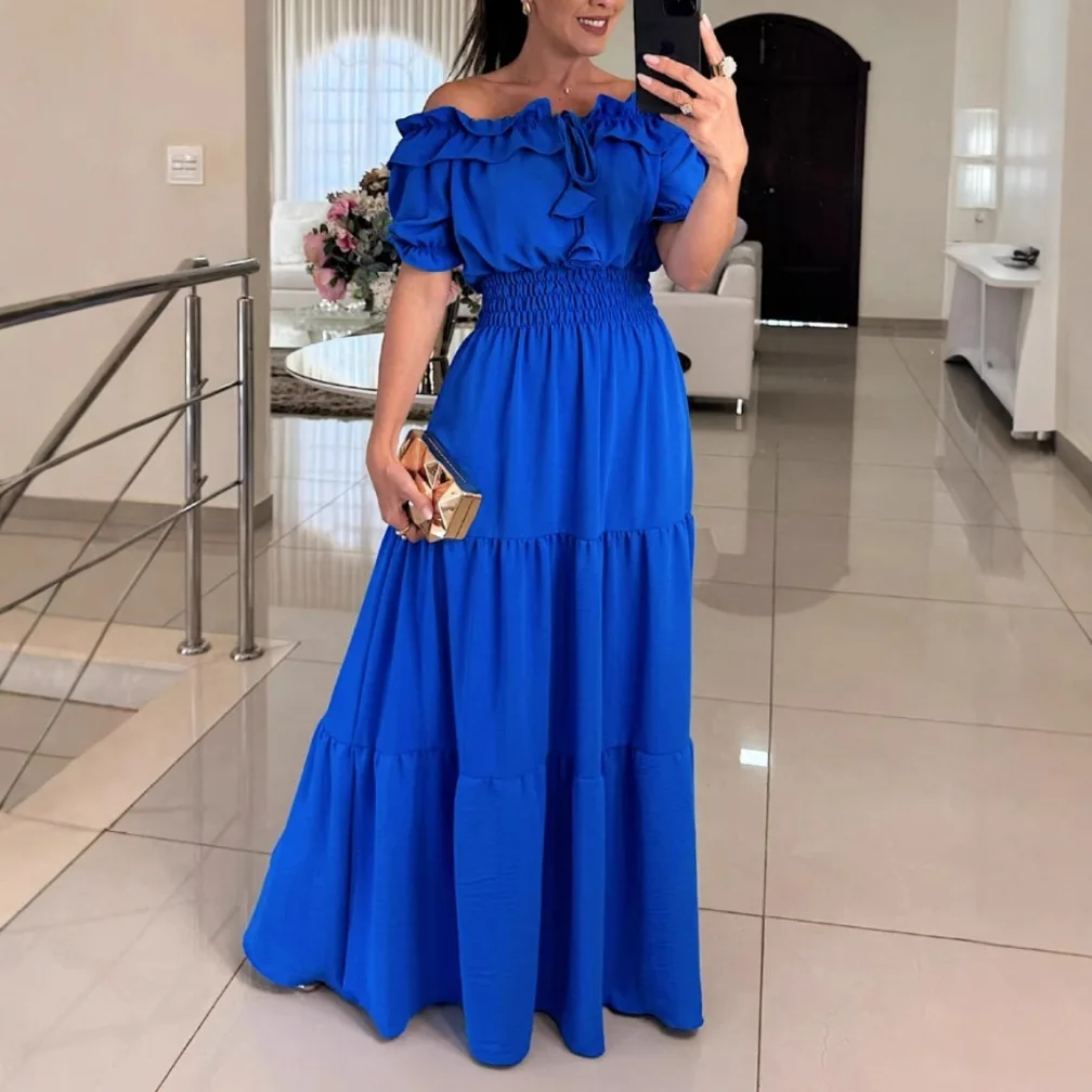 

Fashion Off Shoulder Lace-up Ruffle Long Dresses 2025 Summer New Boho Holiday Dress Female Commuter One-piece Casual Party Dress