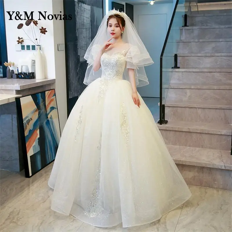 Y & m novias brilhante glitter vestidos de casamento do vintage manga curta miçangas princesa vestido de noiva clássico vestidos de baile plus size musselina