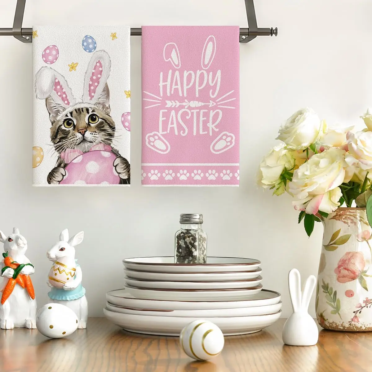2Pcs, Easter Egg Bunny Ears Cat Kitchen Towel, 40Cm*60Cm Towel Set, Super Absorbent Soft Cleaning Cloth, Cooking and Baking Tea Towel, Hand Towel, Cleaning Cloth, Dishcloth, Kitchen Decoration, Living Room Decoration, Kitchen Essentials, Home Essentials