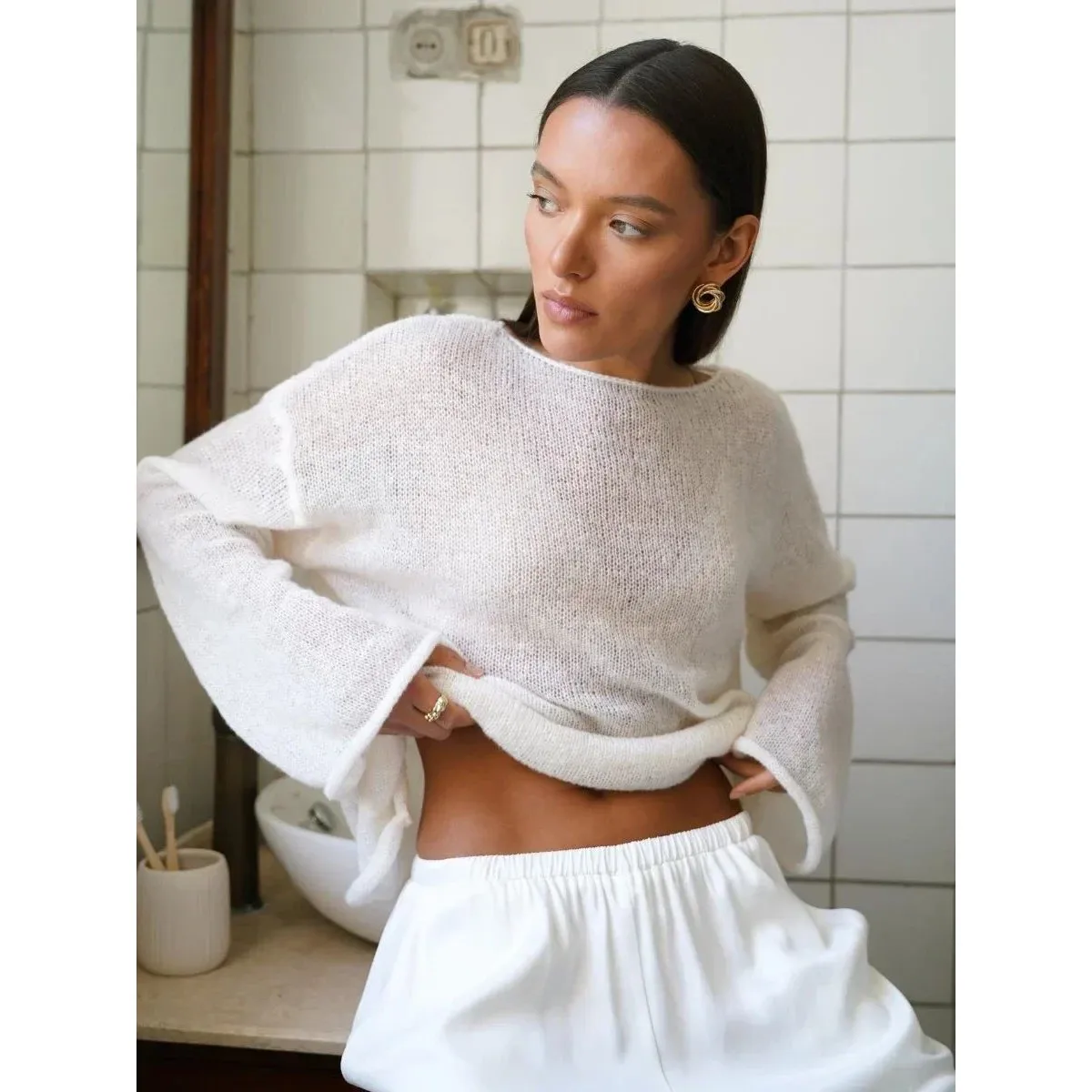 

Ele Bornladies Women's Sweater Summer Autumn Casual Faion Cleanfit Sle 00% Other Material Two-piece Appearance