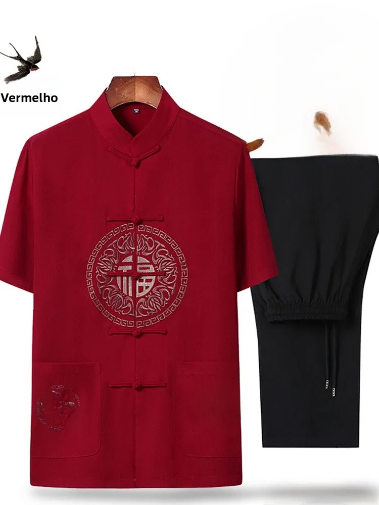 chinese-style-men's-short-sleeve-suit-wedding-dressing-dad-birthday-old-man-traditional-costume-grandpa-summer-knitted-fabric