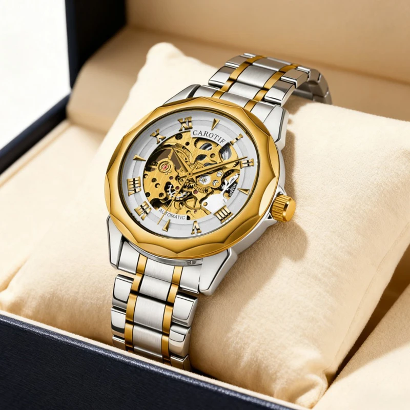 

A men's silver and gold-tone classic business-style high-end mechanical watch with a stainless steel strap
