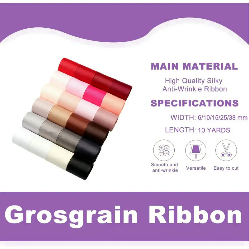 10 Meters Solid Grosgrain Ribbon Double Face Fabric for Gift Wrapping Wedding Decoration Sewing Crafts DIY Hair Bows Wholesale